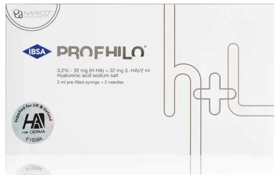 The front of a Profhilo carton showing the product name, hyaluronic acid content and the UK and Ireland supply label